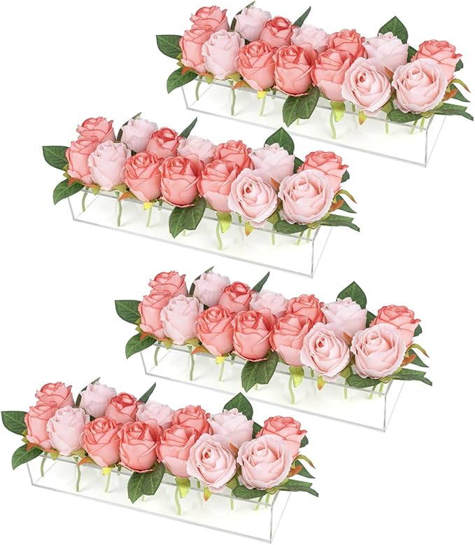 PaulTellie Acrylic Flower Vase Rectangular 4 Pack - Clear Floral Centerpiece for Dining Table Each 14 Inches, Connect to Form 56 Inches Long Rectangle Acrylic Vase for Home Wedding Dining Table Decor