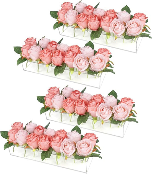 PaulTellie Acrylic Flower Vase Rectangular 4 Pack - Clear Floral Centerpiece for Dining Table Each 14 Inches, Connect to Form 56 Inches Long Rectangle Acrylic Vase for Home Wedding Dining Table Decor