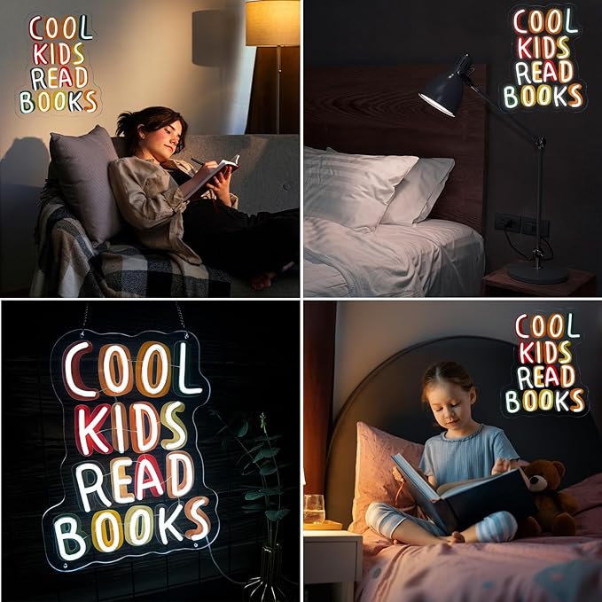Cool Kids Read Books UV Neon Sign, Handmade Light Up USB 3D Wall Art Wall Decor Sign Light for Book Club Classroom Read Corner Kid's Reading Study Room Home Library Librarian Bookworm Gift-15.7"x12.6"