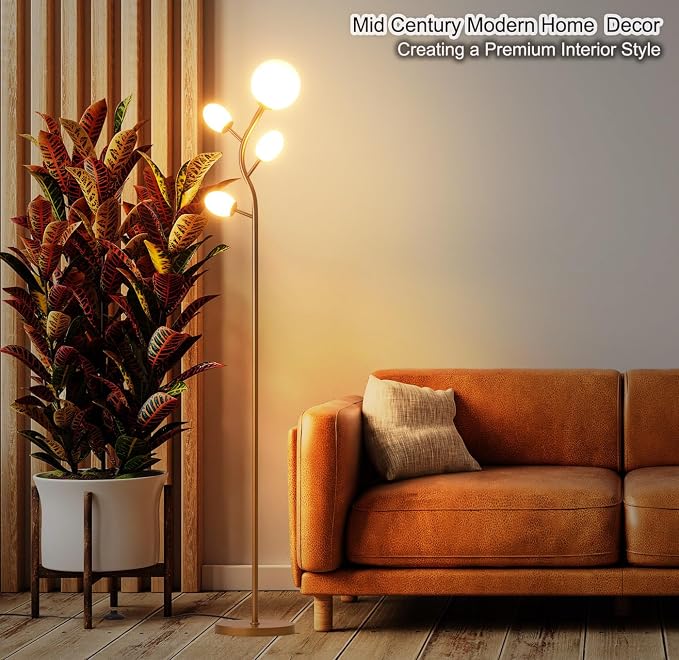 Fiqevs 4 Globe Floor Lamp, Modern Gold Tree Standing Lamp with Warm Light LED Bulbs and Sphere Frosted Glass Shade, Mid Century Sputnik Tall Lamp for Living Room, Bedroom, Office, Antique Brass
