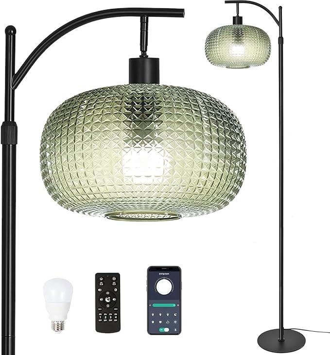 Dark Green Floor Lamps for Living Room,Black Floor Lamp with Remote Control & Green Lampshade,Arc Flower Lamp Dimmable Mid Century Modern Standing Lamp Vintage Brass Tall Floor Lamp For Bedroom Corner