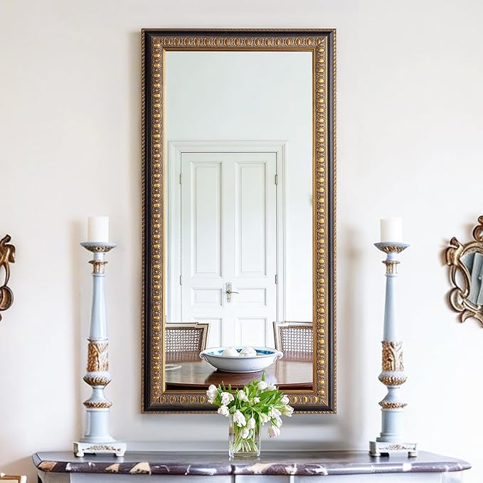 Vintage Wall Mirror for Living Room, 48" L x 24" W Large Gold Mirror for Wall with Carved Wood Frame, Rectangular Baroque Mirrors for Bathroom Entrance Hallyway, Horizontal/Vertical Hanging
