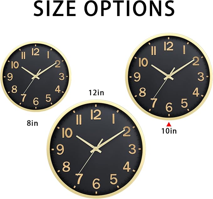 Wall Clocks Battery Operated 10 inch Modern Wall Clock,Silent Non Ticking Wall Clock for Living Room Bedroom Kitchen Office Classroom Decor (Black Gold)