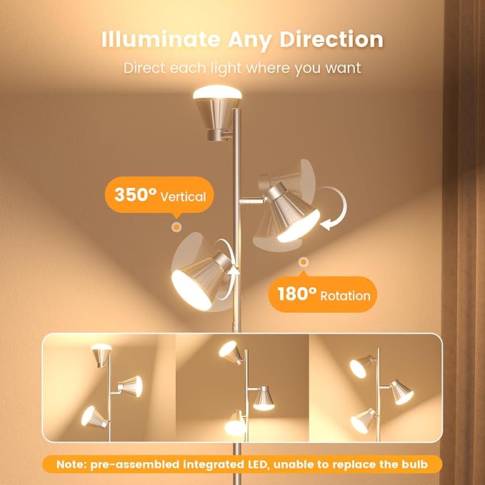 SIBRILLE 36W LED Tree Floor Lamp, Dimmable Tall Standing Lamp with Remote & Touch Control, 4 Color Temperatures Bright Floor Lamp, 3 Rotatable Light Modern Floor Lamps for Living Room Bedroom Office