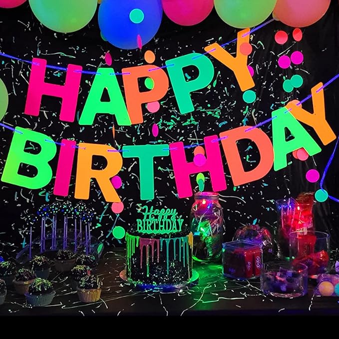 Neon 'Happy Birthday' Banner, UV Glow Party Supplies & Decorations, Neon Color, Letter Print, 118.08 x 8.7 Inches, Birthday Occasion
