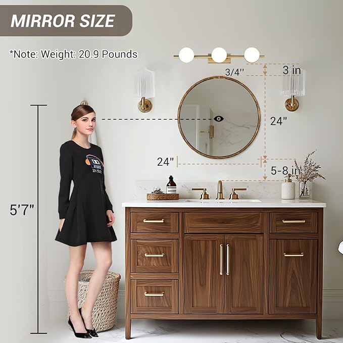 ANDY STAR 24 Inch Hand-Forged Round Gold Mirrors, Solid Steel Frame Antique Brass Bathroom Round Wall Mirror for Over Sink, Vanity Hammered Circle Mirror for Vintage, Farmhouse, Rustic