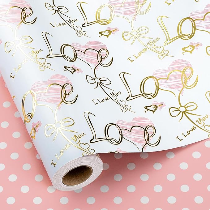 Yarcony Reversible Wedding Wrapping Paper, Heart Themed Gift Wrapping Paper, Creative Love & Bow Print Valentine's Day Gift Wrap for Girls, Women Birthday,Mother's Day, Anniversary(17 Inch X 33 Feet)
