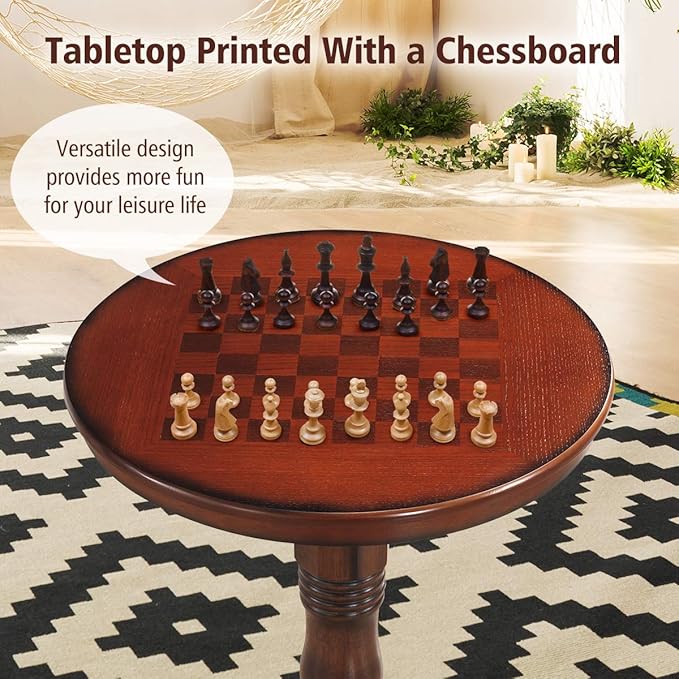 Giantex Round Dining Table, 30" D X 41.5" H, Wooden Pub Pedestal Side Table W/Chessboard, Adjustable Foot Pads, Multi-Purpose Dinner Table for Small Space, Kitchen, Dining Room, Restaurant, Walnut