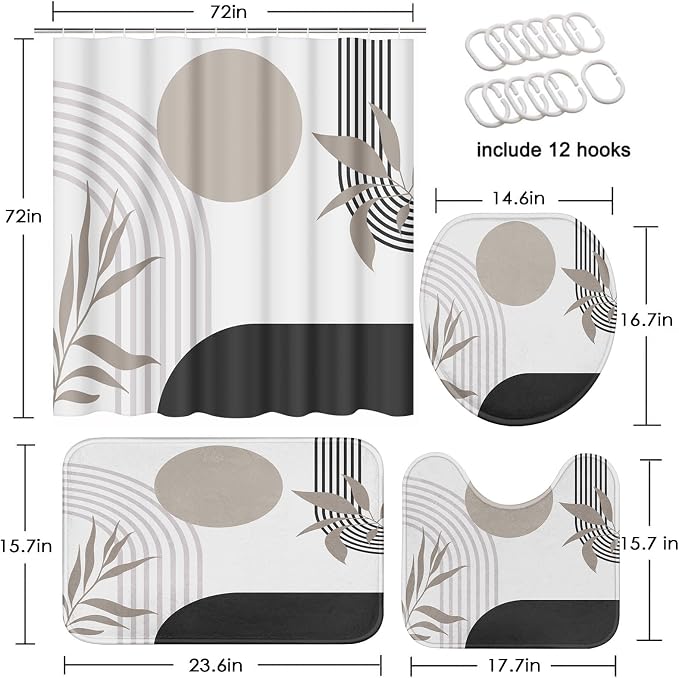 Boho Mid Century Shower Curtain Set with Toilet Lid Cover and Non-Slip Rugs, Abstract Geometric Vintage Grey 4 Pcs Modern Minimalist Shower Curtain for Bathroom Set with 12 Hooks