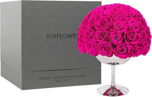JoyFlower Preserved Flowers Vase Decor, Eternal Flower Vases for Centerpieces, Forever Flower Decorations for Party Home Wedding Table Living Room Bedroom, Stainless Steel Vase Decor(Fuchsia)
