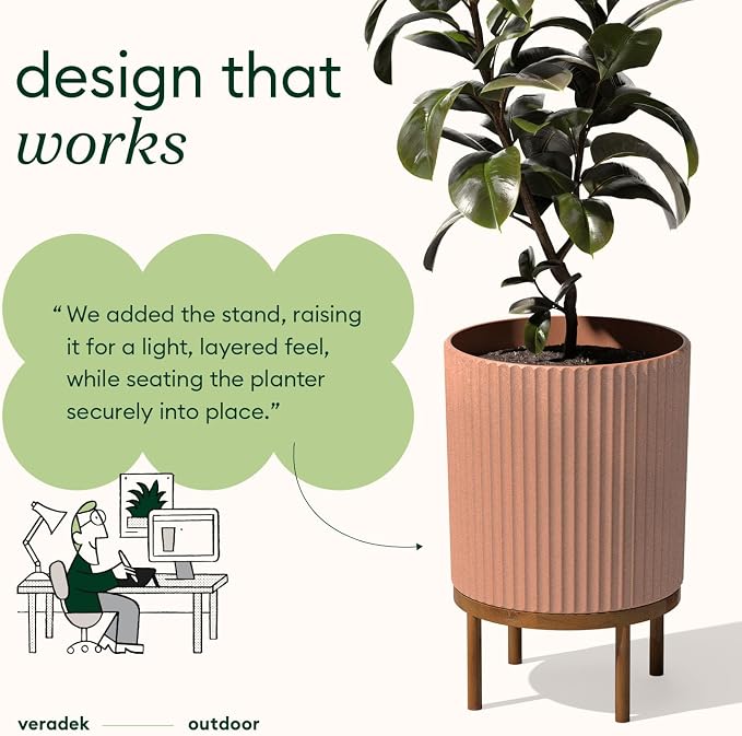 Veradek Demi Series Round Planter w/Stand for Porch/Patio | Durable Plastic-Stone Composite & Wooden Stand | Modern Décor for Tall Plants, Flowers