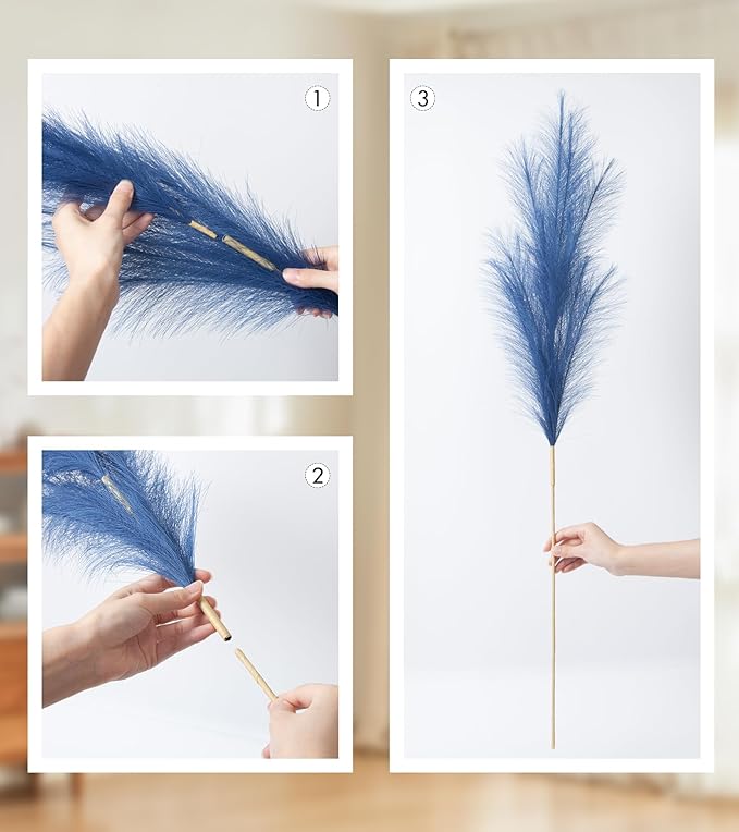 9 Pcs 45" Tall Pampas Grass Blue Decor, Long Stem Artificial Flower Floor Vase Large Faux Floral Pompas Fake Plants Dried Bouquet Arrangement Vase Filler for Boho Home Wedding Decoration