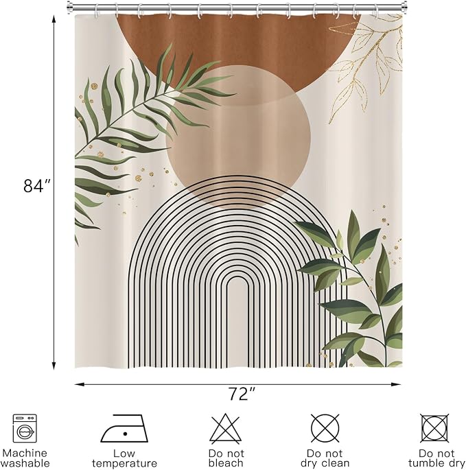 Boho Mid Century Shower Curtain, Brown Modern Minimalist Abstract Geometric Green Gold Plant Leaves Sun Arch Bathroom Curtains Waterproof Fabric Buthtub Curtain Set with Hooks 72" Wx84 L