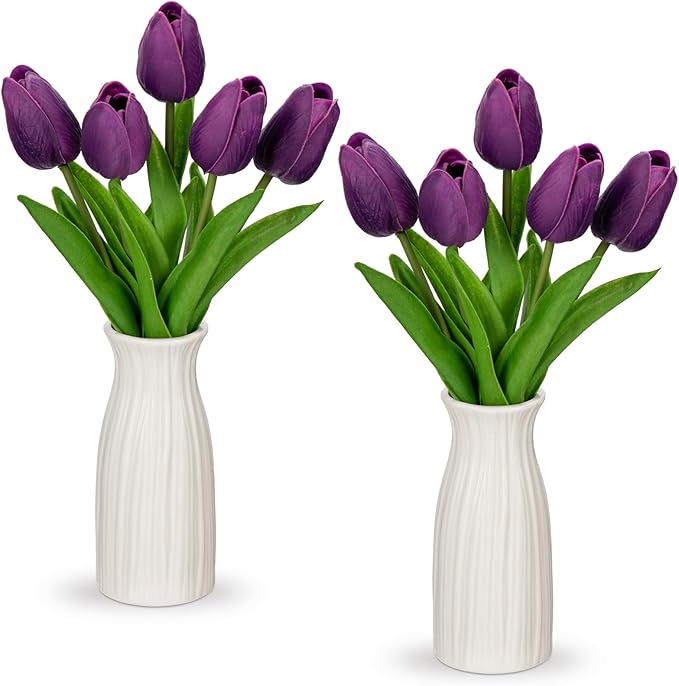 Briful 2 Packs Faux Flowers Artificial Tulips with Ceramic Vase, Poly Foam Purple Tulips Real Touch Flower Arrangement for Home Kitchen Wedding Centerpiece Decoration