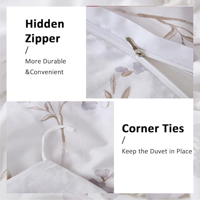 Floral Duvet Cover Queen Size - 100% Nature Cotton Reversible Grayish Flower Bedding Set with Zipper Closure, 3 Pieces Soft & Breathable Beige Comforter Cover