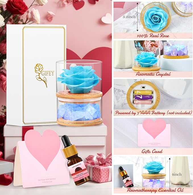 Christmas Birthday Flower Gift for Women Preserved Blue Rose with Light,Rose Essential Oil Set,Forever Flower Rose Gifts for Girlfriend Wife Mom Gift for Birthday, Anniversary,Thanksgiving,Valentines