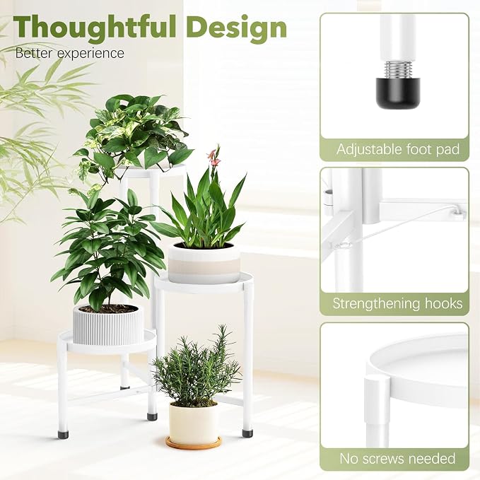3 Tier Metal Plant Stand Indoor Outdoor, JOPBENG Corner Plant Shelf with 10 Inch Wide Tray,Flower Pot Display Holder Iron Rack Organizer Stand for Living Room Office Garden Patio Balcony Bedroom White