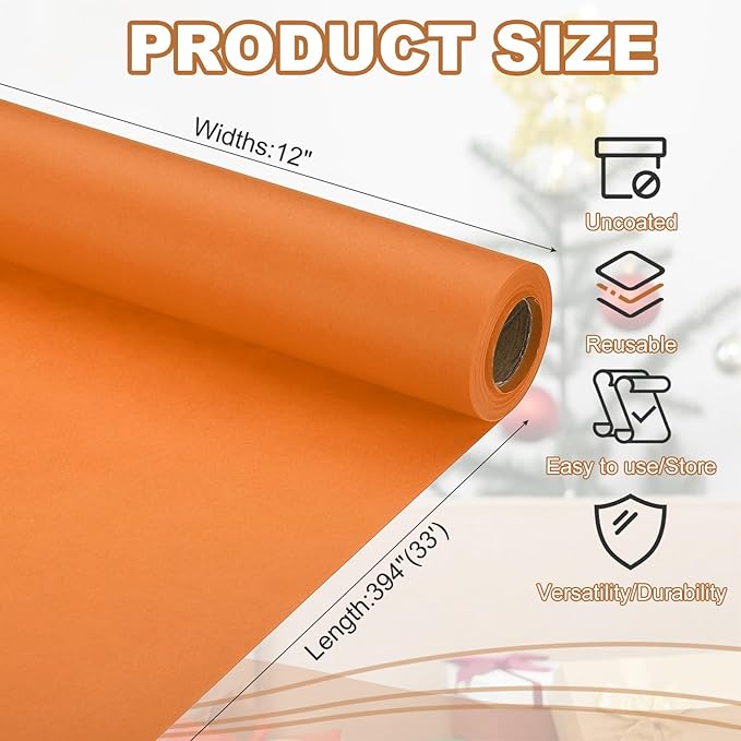 PATIKIL Wrapping Paper, 12" x 394"(33') 70 GSM Craft Paper Roll Kraft Packing Paper for Poster Bulletin Board, Gift Wrapping, Orange