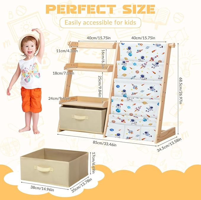 Kids Bookshelf and Toy Storage Organizer Wooden 2 in 1 Toddler Bookcase-4 Tier Book Shelf with Toy Box for Kids Room,Nursery,Playroom