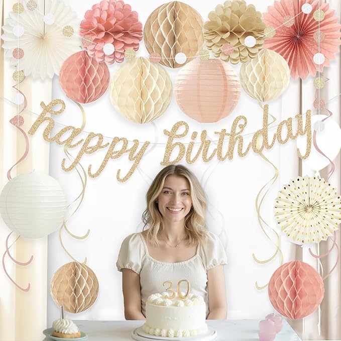 Boho Pink Happy Birthday Decorations, Pre-Strung Happy Birthday Banner with Honeycomb Balls, Paper Flowers, Lanterns, Fans, Hanging Swirls, Circle Dots Garland for Birthdays Party Decorations 24pcs