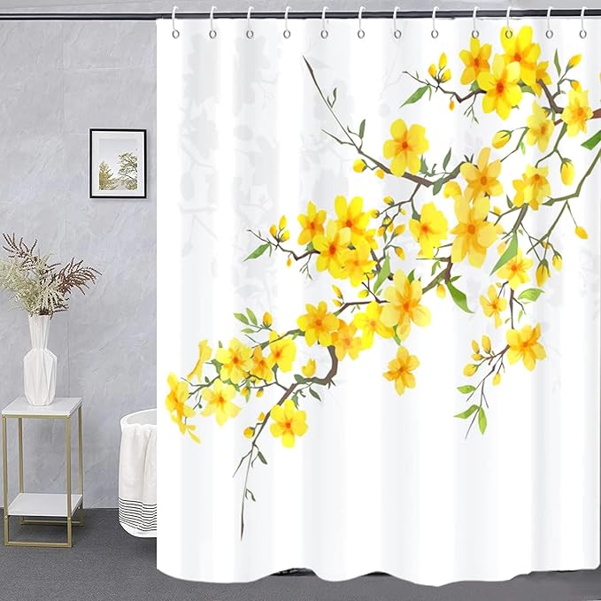 Yellow Floral Extra Long Shower Curtain, Flower Blossom Plant Botanical Spring Durable Waterproof Fabric Machine Washable with Hooks for Bathroom Bathtub Decor 72Wx84H