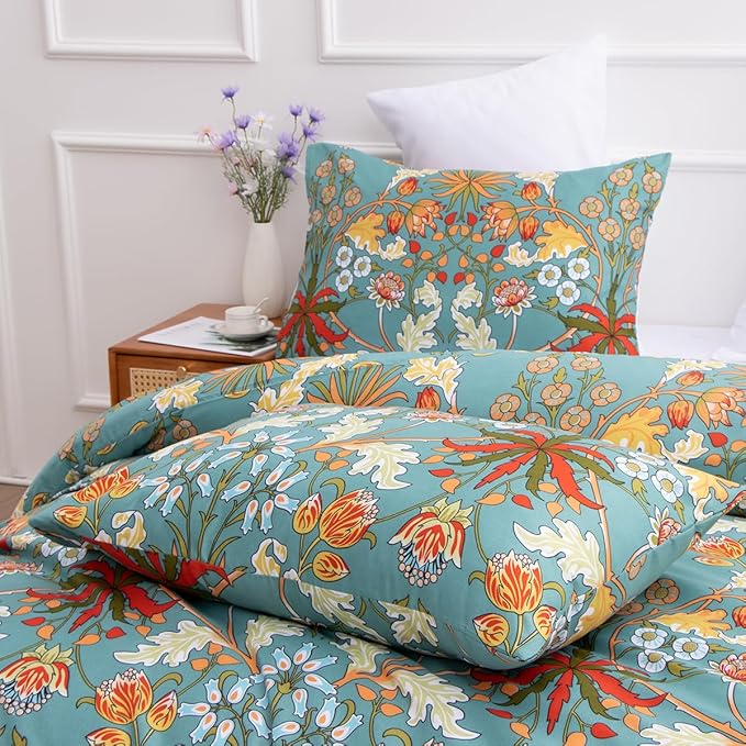 Nayoroom Vintage Floral Duvet Cover Set King Size Vibrant Boho Yellow Orange Flowers Printed on Teal Blue Comforter Cover 3Pcs Soft Microfiber Garden Style Bedding Set with Zipper Closure