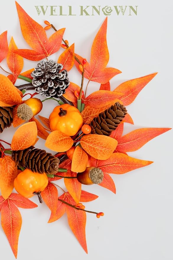 2 Pcs Mini Fall Orange Pumpkins and Maples Candle Rings Wreaths for Pillars Home Table Window Decor, 9" Artificial Flower Cabinet Wreath for Winter Kitchen Farmhouse Wedding Christmas Party & Gift