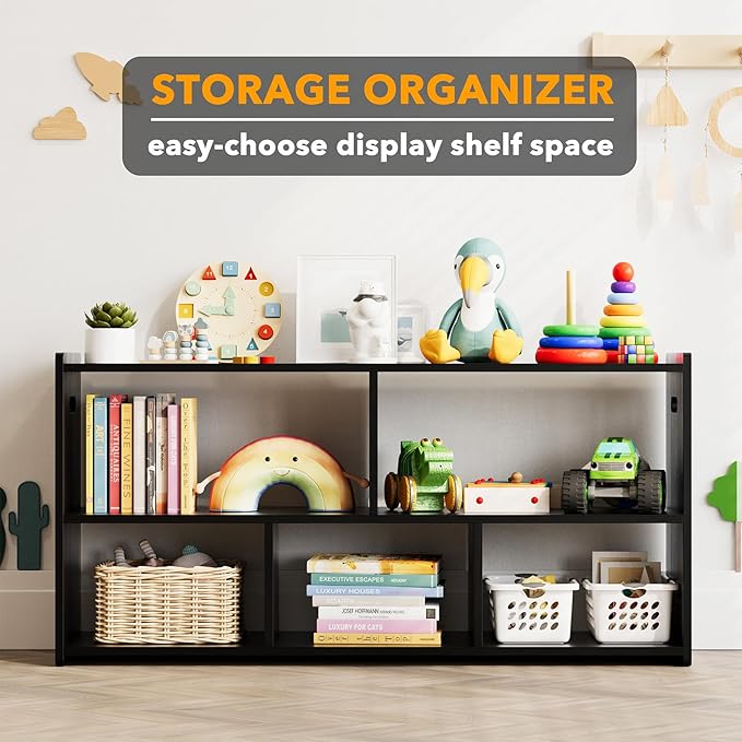 SpaceAid 5-Compartment Bookshelf, Montessori Bookcase for Toddlers, Wooden Book Shelf Organizer Storage Furniture for Kids Rooms, Playroom, Nursery and Classroom, 44.5“ Wide, Black