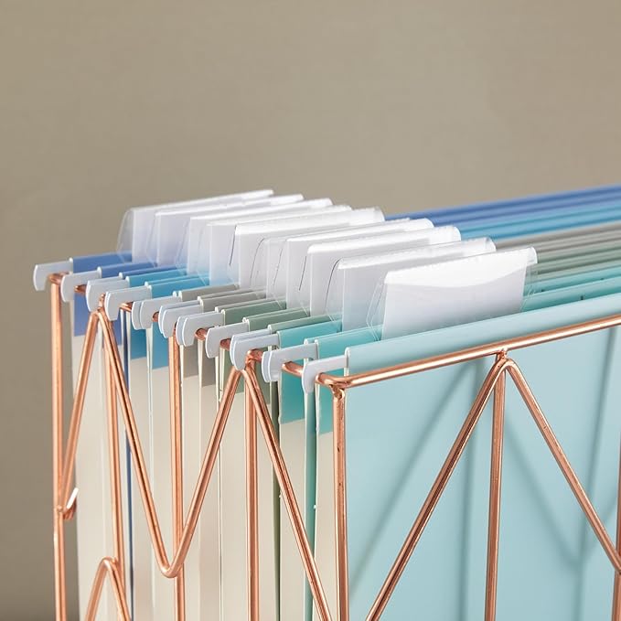 Beramon Hanging File Folder Kit Includes 1 Rose Gold Hanging File Desk Organizer and 20 Pack Hanging File Folders Letter Size with 1/5 Cut Tabs Design for School Office Home Supplies, Blue Design