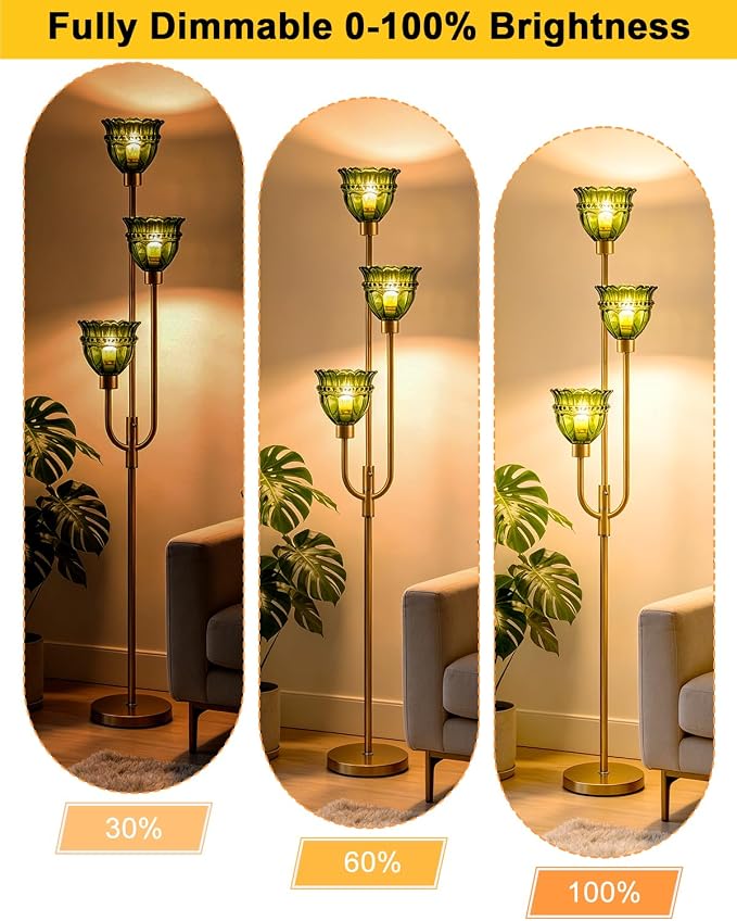 Lightdot 66IN 3-Lights Modern Glass Floor Lamp Gold Dimmable Floor Lamps with 3000K Warm White Bulbs for Wedding Party Tall Standing Lamp with Green Glass Shade for Living Room/Bedroom/Home Decor