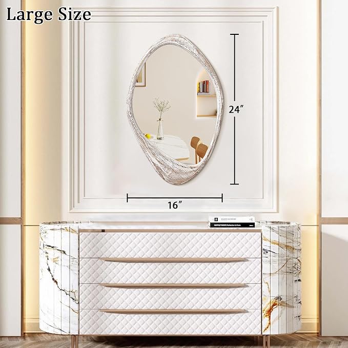 AAZZKANG Irregular Wall Mirror Wooden Large 24"x16" Asymmetrical Decorative Rustic Hanging Mirrors for Bedroom Dressing Room Living Room Bathroom Entryway White