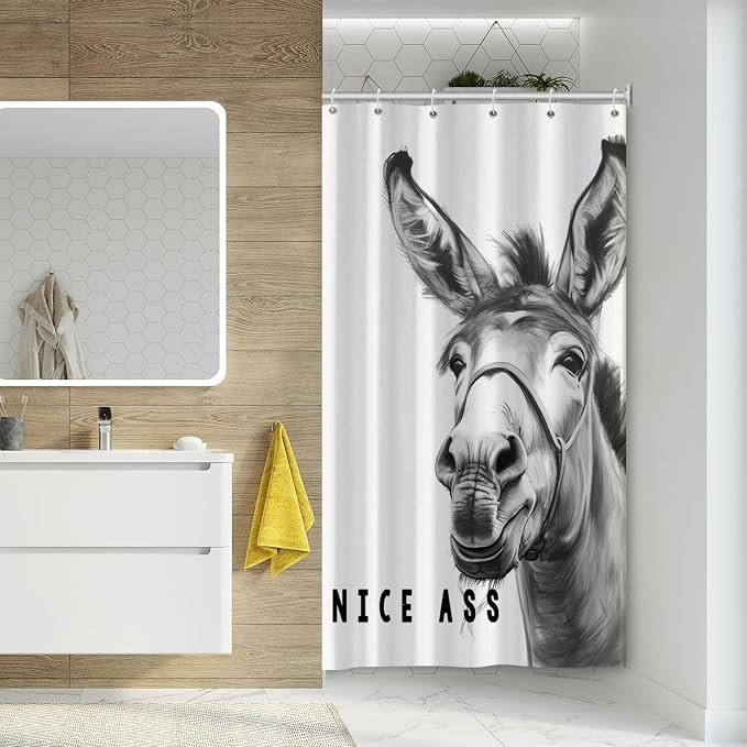 Funny Donkey Shower Curtains Joke Hilarious Animal Bathroom Curtain Rustic Farmhouse Cute Donkey White Shower Curtain Sets for Bathroom Extra Long 36x72 in with 6 Hooks