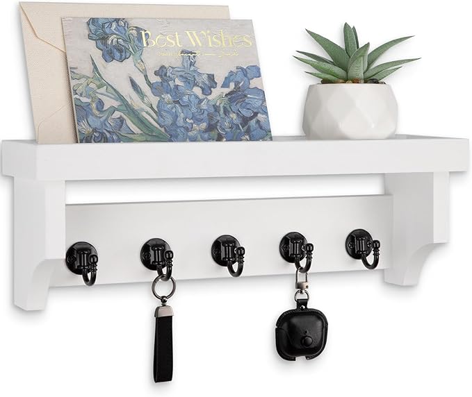 Lucundm Key and Mail Holder Wall Mount, Key Holder with Shelf and Mail Organizer Wall Mount. Mail Holder with 5 Hooks for Coat, Dog Leash, Home Decor Rack, Entry Way Organizer (White)