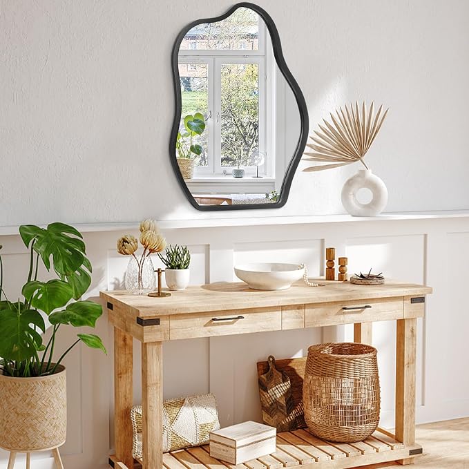 Irregular Mirror for Wall Decor Asymmetrical Wooden Framed Wall Mirror Modern Unique Shape Vanity Artistic Cloud Mirror Decorative for Living Room Bedroom Bathroom Entryway Black