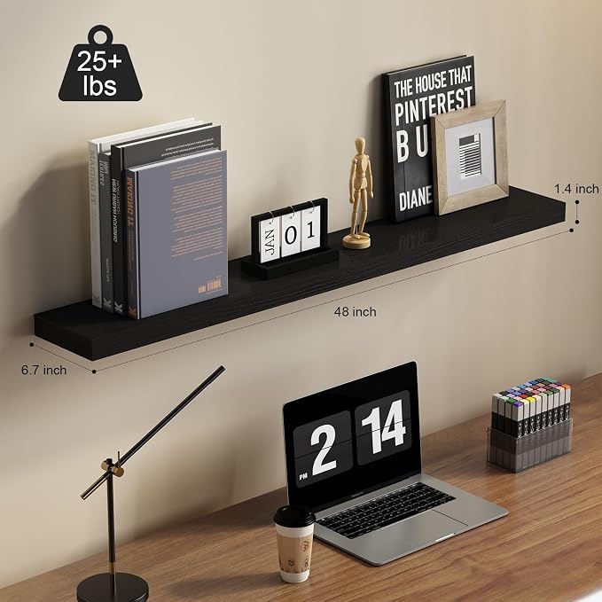 SAUMONIERES 48 Inch Floating Wall Shelves for Bedroom Bathroom Wall Mounted Solid Wood Shelf Storage Decor Set of 2, Black Floating Shelves