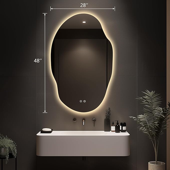Asymmetrical LED Bathroom Mirror with Lights,Irregular Led Bathroom Vanity Mirror for Wall with Backlit, Anti Fog, 3 Colors and Dimmable Light,[Horizontal/Vertical] 48" H x 30" W