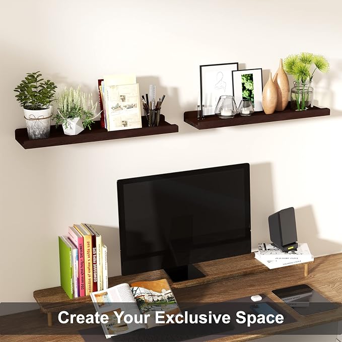 Love-KANKEI Floating Shelves Wall Mounted Set of 2, 24 Inch Wood Storage Wall Shelves for Bedroom Living Room Bathroom Kitchen Office and More Dark Walnut