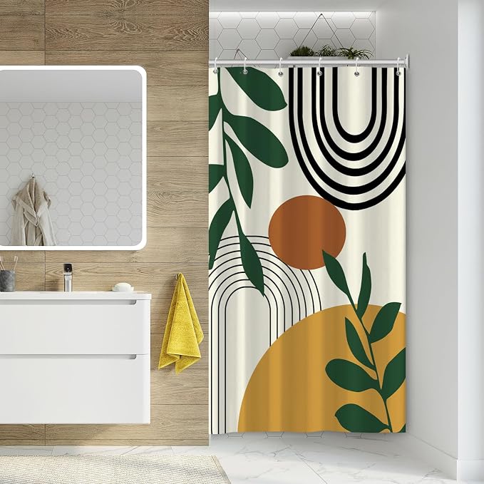 Boho Geometric Shower Curtain Beige Mid Century Abstract Arch Curve Bathroom Curtain Minimalistic Sun Shower Curtain Sets for Bathroom Extra Long 36x72 in with 6 Hooks