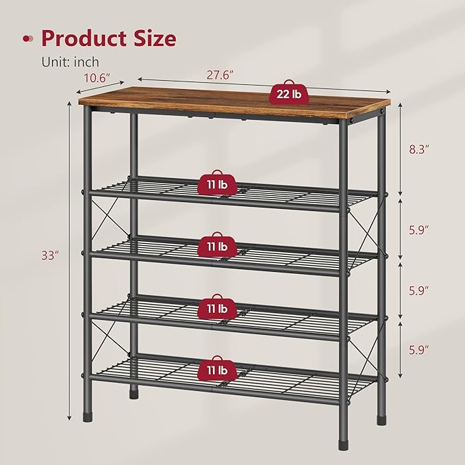 Tajsoon 5 Tier Shoe Rack Organizer for 16-20 Pairs of Shoes, Metal Mesh Shoe Shelf for Closet, Industrial Shoe Rack for Entryway Shoe Storage with X Shape Fixed Frame, Rustic Brown & Black