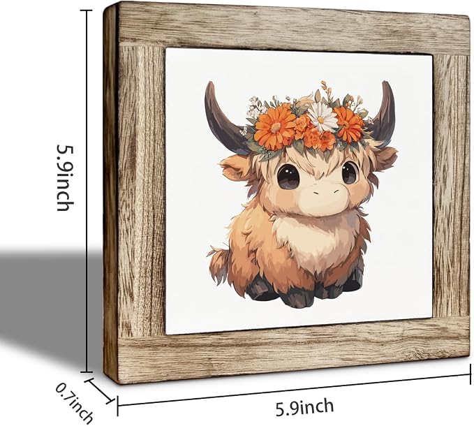 Cute Highland Cow Wooden Desktop Sign, Floral Crown Cow Wood Plaque Tabletop Decor, Rustic Farmhouse Animal Decor for Home Office Shelf