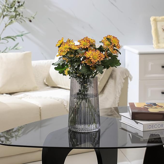 Black Glass Vase for Flower, Flower Vase for Bouquet, Modern Glass Vases, Ribbed Vases for Living Room, Bedroom, Dining Table, Office, Wedding, Centerpieces, 8 Inches
