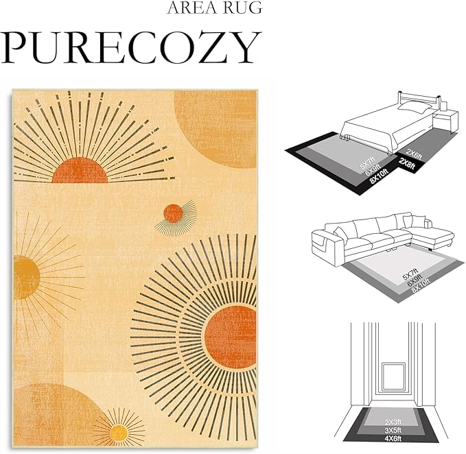 Large Area Rug 5x7 Sun Rug Living Room Mid Century Modern Rugs Machine Washable Boho Geometric Rug Non Slip Printed Low Pile Indoor Floor Carpet for Dining Room Bedroom Office,Yellow