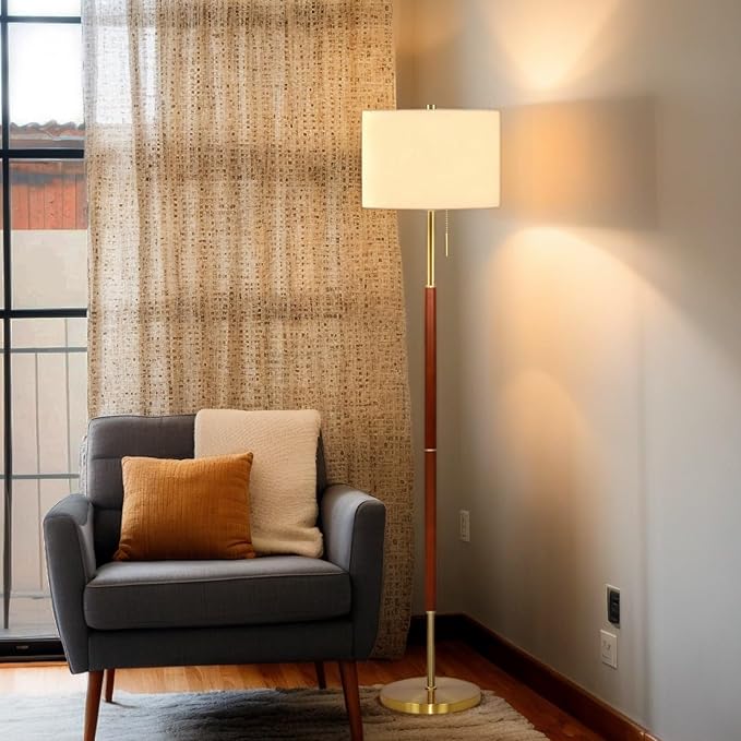 62" Walnut Gold Floor Lamp for Living Room, 1200LM 3-Way Dimmable Mid Century Modern Floor Lamp for Bedroom Office, Wood Vintage Standing Lamp Linen Shade, LED Bulb Included