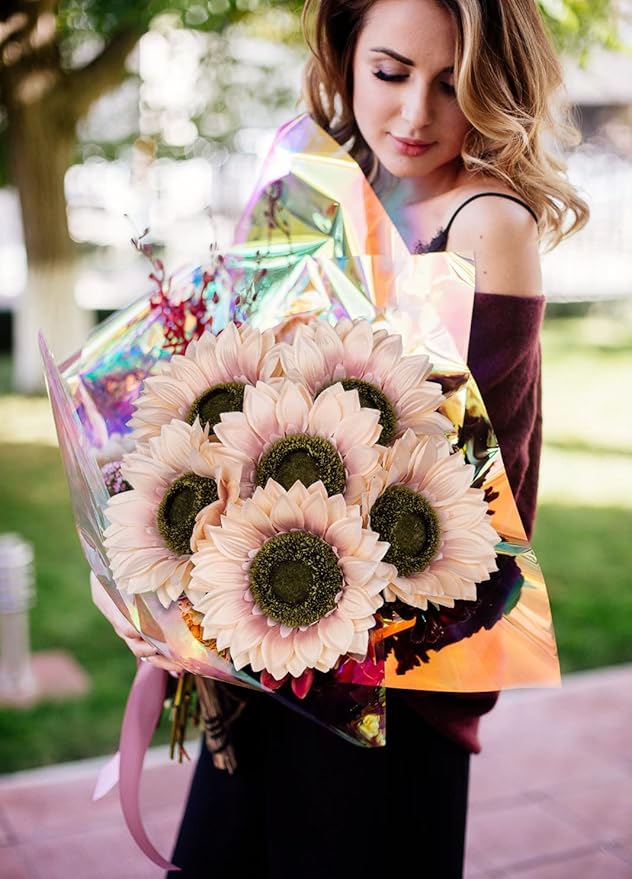 Hollyone Large Silk Pink Sunflowers Artificial Flowers 26" Long Stem Artificial Sunflower 6 Pcs Tall Fake Sun Flowers Vintage Faux Sunflowers Bulk with Stem for Home Wedding Birthday Party Decor