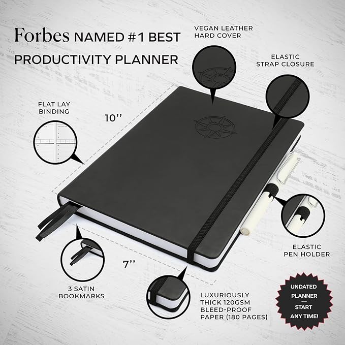 Smart Planner Pro – Undated Daily Planner – Medium B5 – Achieve Goals & Increase Productivity with Weekly, Monthly, Work Sections - Organizer Planner with Back Pocket, 3 Satin Bookmarks & Pen Holder