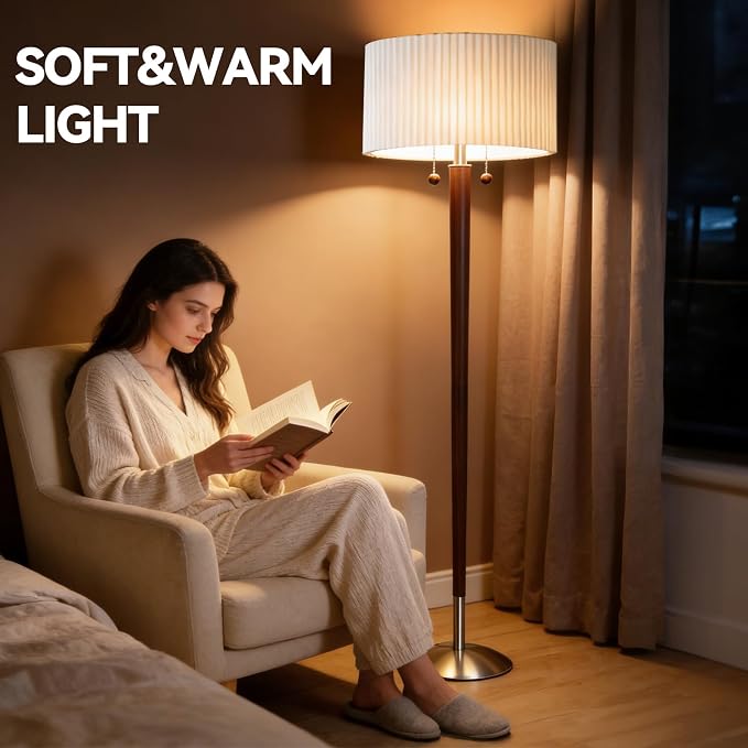 2-Lights Wood Floor Lamp with Pull Chains Dual Switch, Mid-Century Modern Corner Lamp with Pleated Shade, Standing Lamp for Living Room, Bedroom, Office, Reading Room, Dark Walnut Finish