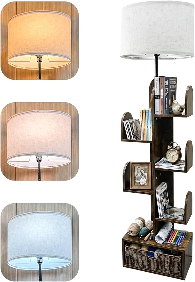 Cactus Tree Floor Lamp with 3-Color Dimmable Lighting, 5-Tier Wood Bookshelf, 58" Tall Space-Saving Organizer Shelf for CDs/Movies/Books, Ideal Small Space Solution for Living Room/Bedroom/Home Office