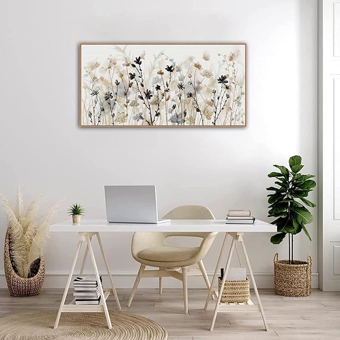 Framed Flower Canvas Wall Art Blossom Canvas Pictures Abstract Grey Cream Brown Landscape Artwork Canvas Prints for Home Living Room Bedroom Kitchen Office Wall Decor Ready to Hang 24"x 48"