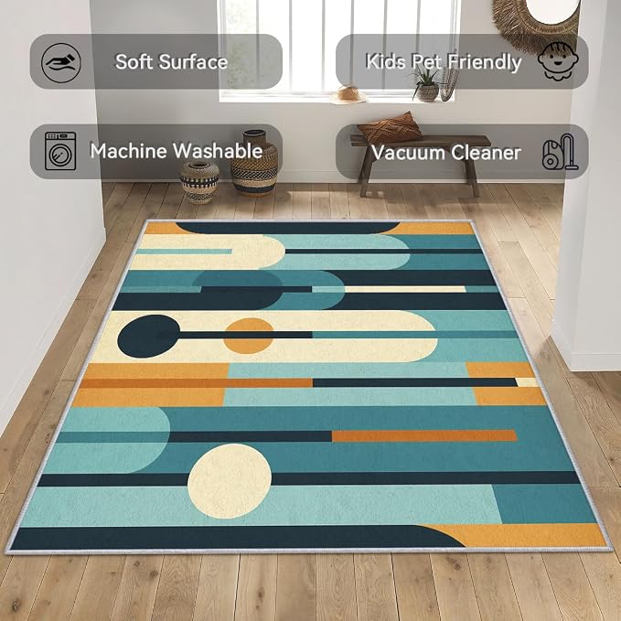 Mid Century Rug 3x5, Washable Modern Geometric Rugs for Living Room Bedroom, Abstract Mid-Century Area Rug for Home Decor, Non Slip Backing Floor Carpet - 3 x 5 ft