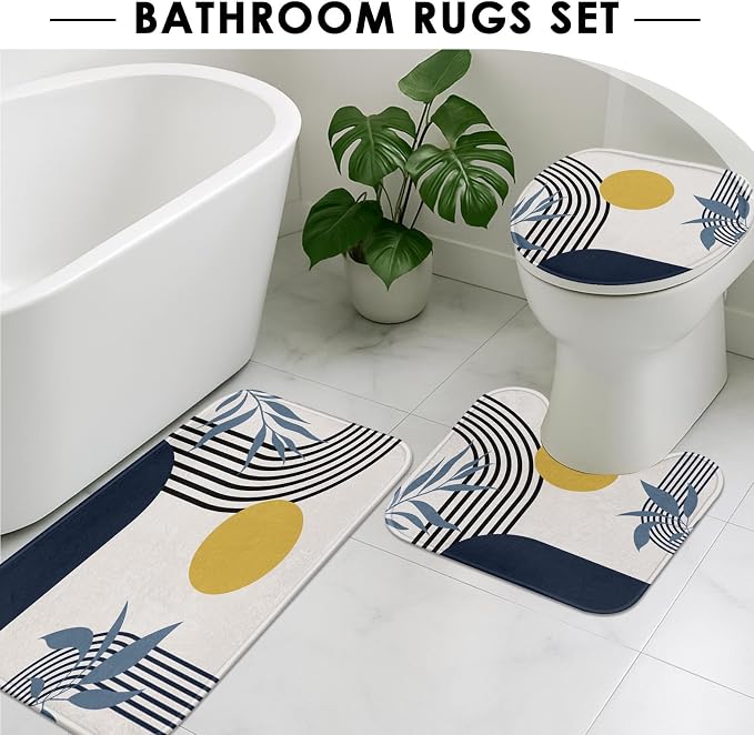 Boho Mid Century Shower Curtain Set with Toilet Lid Cover and Non-Slip Rugs, Abstract Geometric 4 Pcs Modern Minimalist Blue Yellow Vintage Shower Curtain for Bathroom Set with 12 Hooks